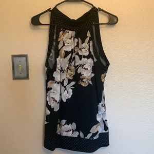 Floral top with polka dot details, ties around neck - size medium